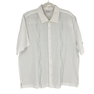Cubavera Shirt Mens XL White Green Aqua‎ Embroidery Linen Cotton Short Sleeve